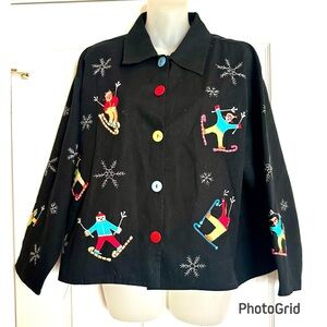 Vintage LIFE STYLE Black Ski-Themed Jacket with Colorful Buttons